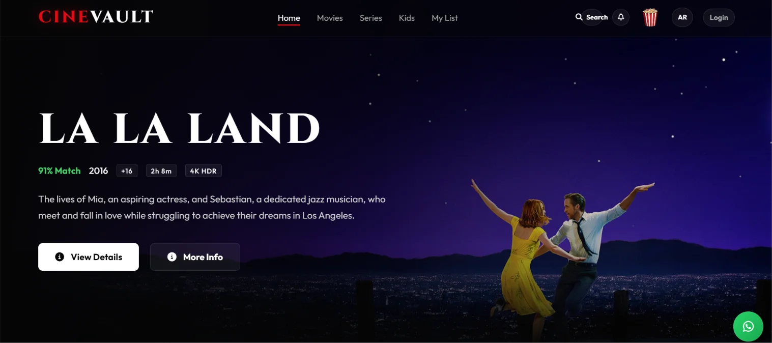 CINEVAULT homepage showing its navigation and featured movie hero