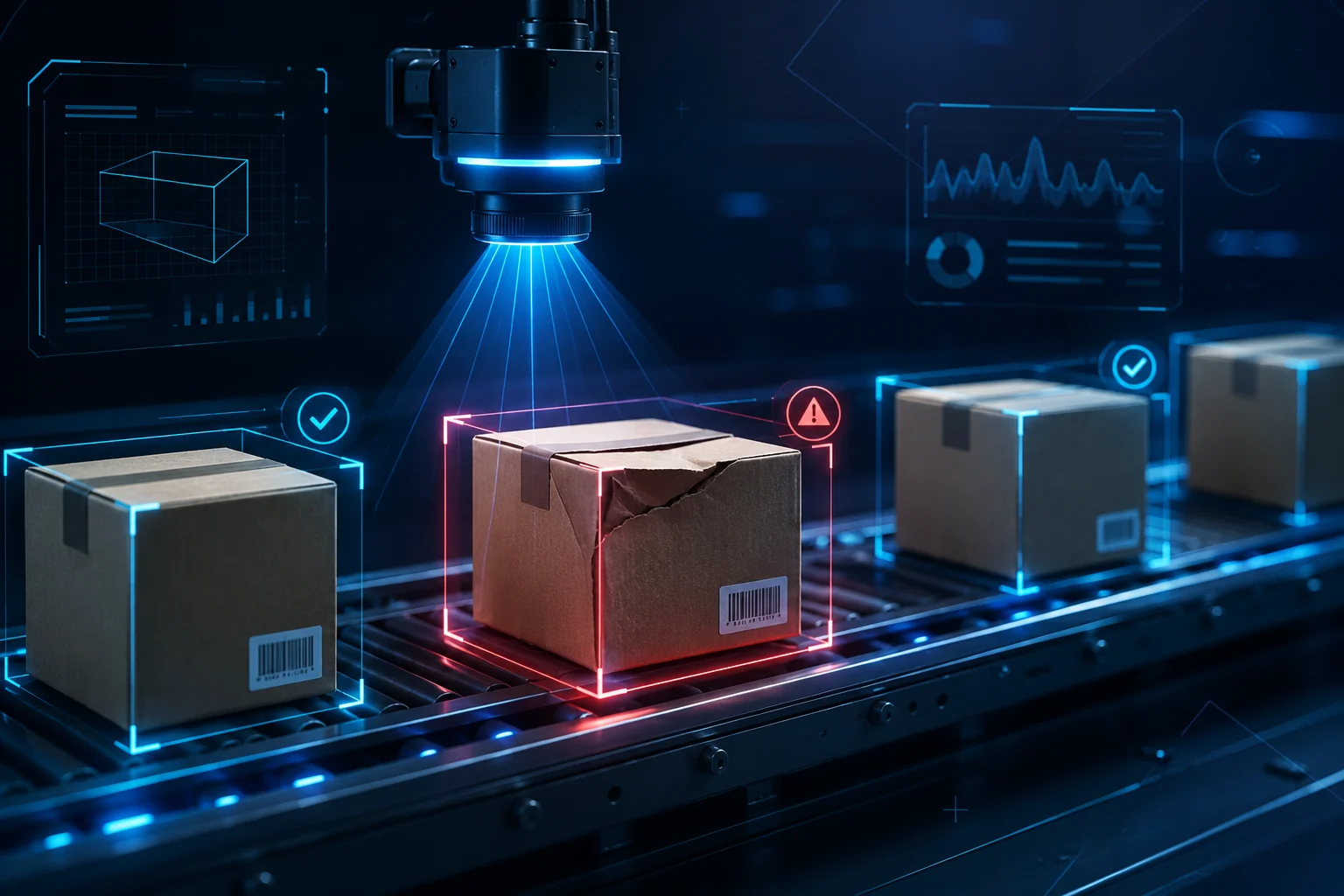Illustrative concept of a camera inspecting packages for visible defects