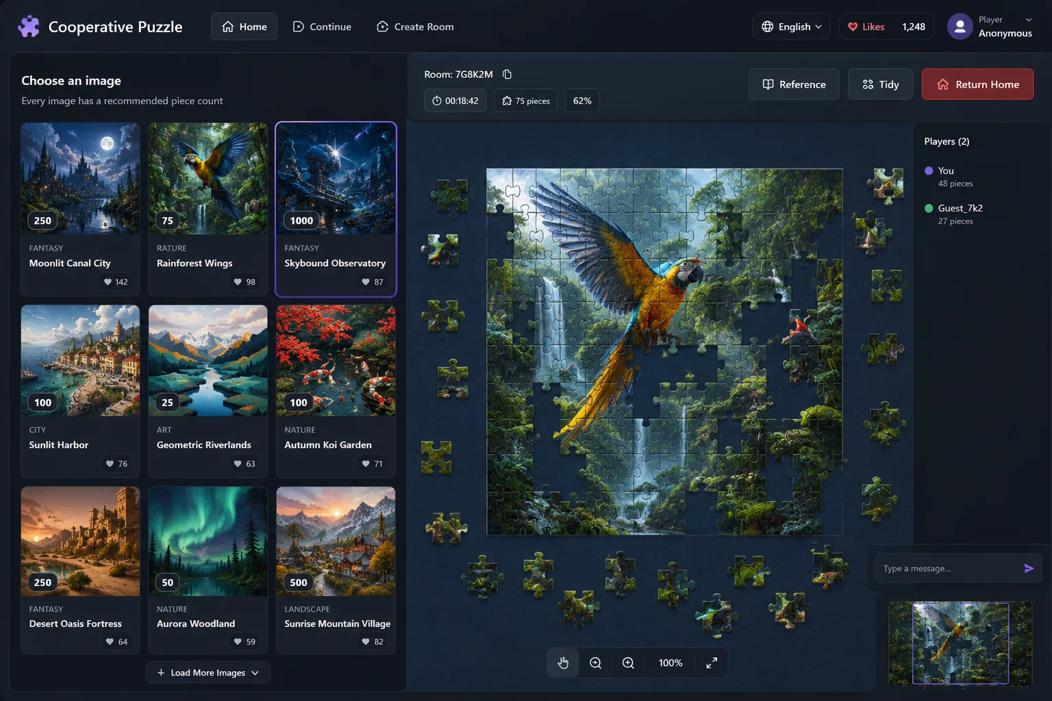 Cooperative Puzzle real-time multiplayer game interface with a shared jigsaw board, puzzle gallery, players, chat, and game controls