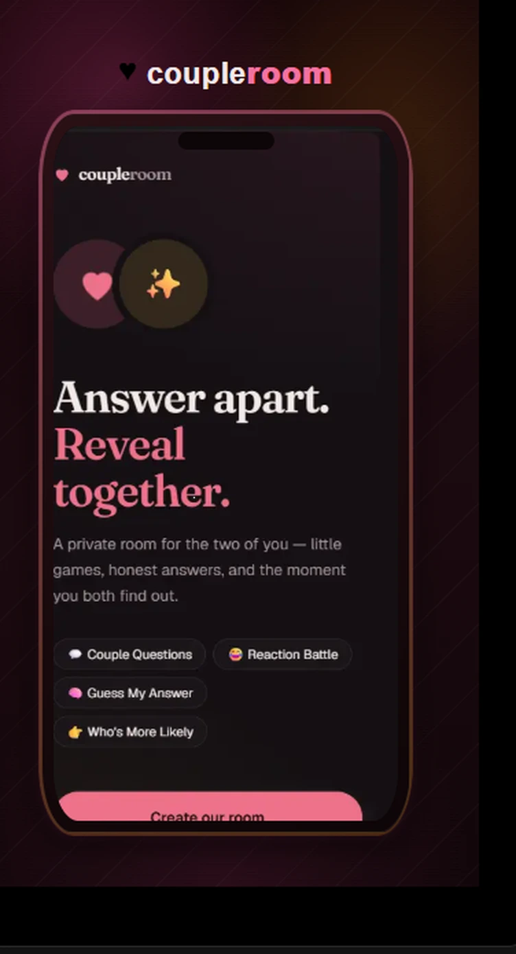 Couple Room landing screen with its logo, tagline, and list of shared games