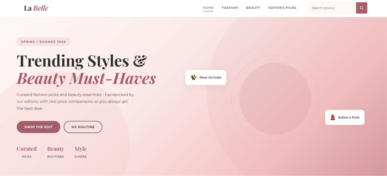 La Belle fashion and beauty homepage with a pink editorial hero